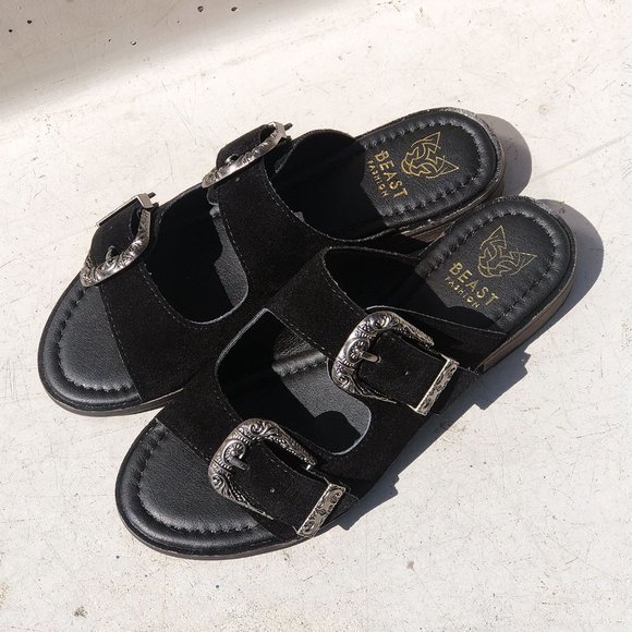 NEW Black Faux Suede Western Metal Buckled Straps Slides Slip On Sandals Shoes - Picture 4 of 12